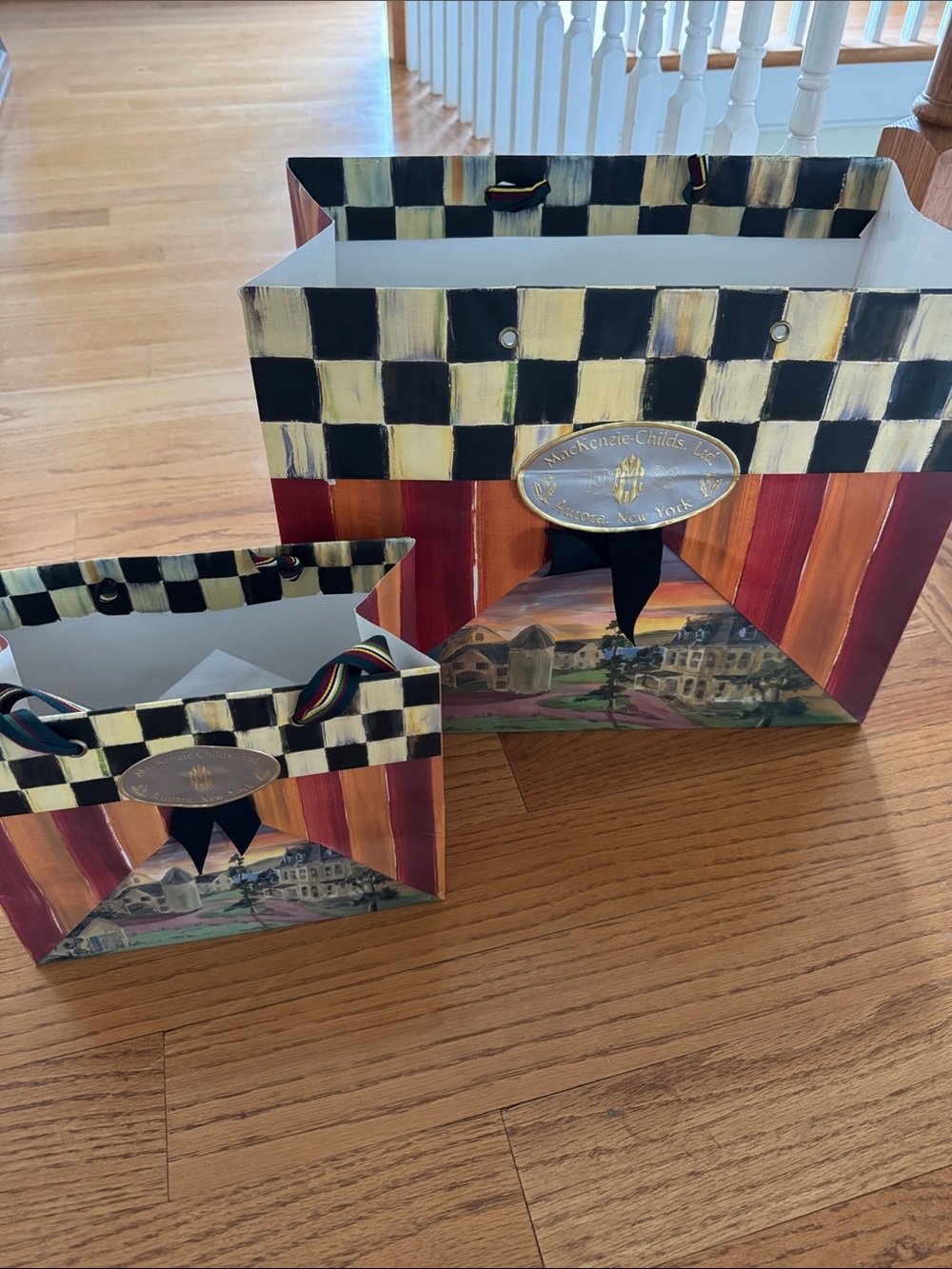 Mackenzie Childs Checkerboard-Top Gift Bag with Striped Panels & Village Scene